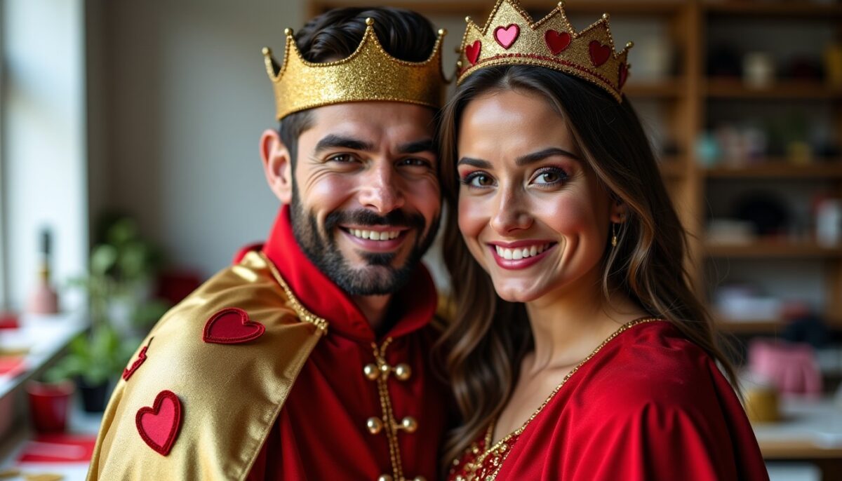 Costume de couple DIY roi et reine des cœurs : guide créatif pour couronnes, capes et finitions