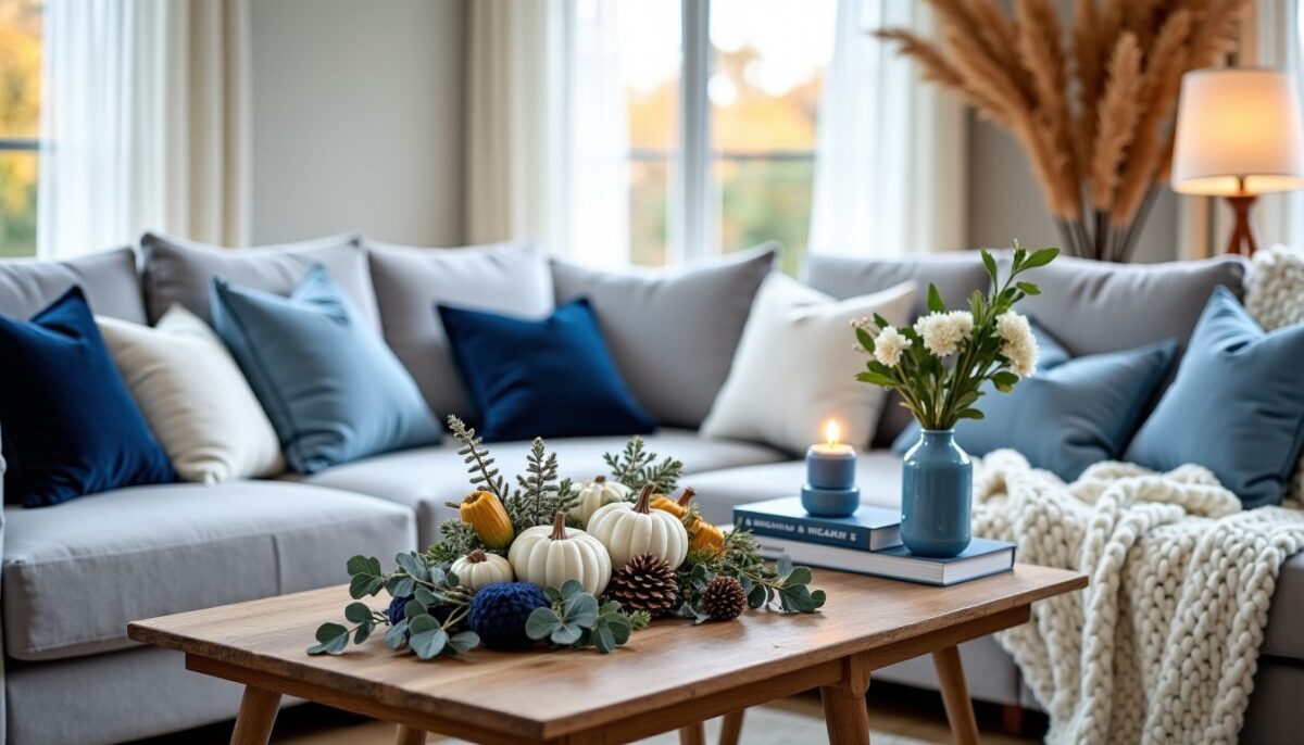 Décoration d’automne bleu et blanc chaleureuse : astuces, matières et idées DIY sans faux pas