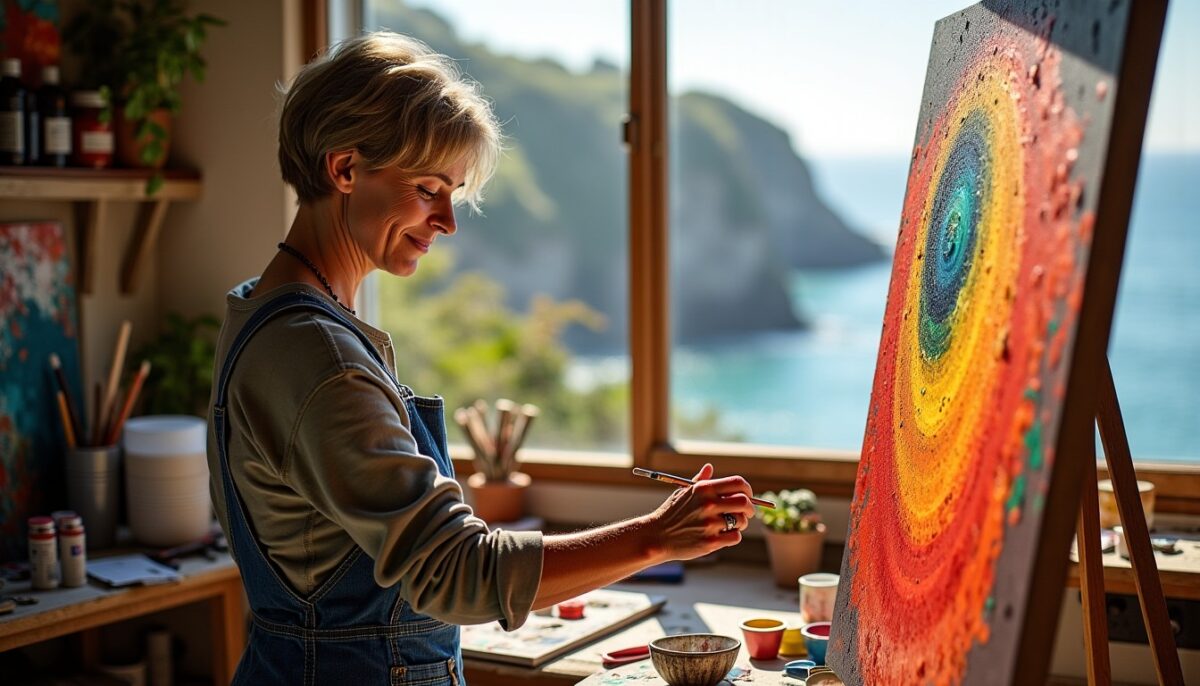 Découvrez l’art polychrome de Pamela Summers au cliff house studio, palette et textures en action